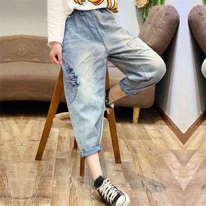 Spring Korea Fashion Elastic Waist Loose Embroidery Ladies Jeans All-matched Casual Cotton Denim Harem Pants Plus Size S633 210512