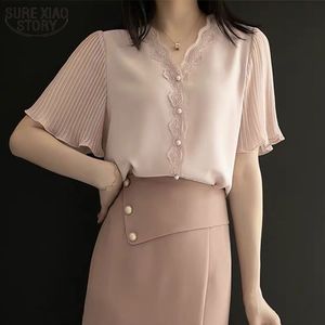 Short-sleeved Blouse Summer Chiffon Soft Lace Shirt V Collar White Top Ruffled Sleeve Women's and 14270 210508