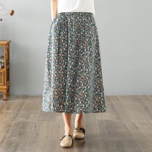 Skirts Fashion Korean Summer Floral Cotton Linen Skirt For Women Clothing Loose High Waist A-line Midi
