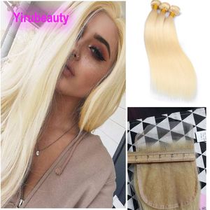 Yirubeauty Straight Blonde Color 3 Bundles With 5X5 Lace Closure Free Part 12-30inch Indian Raw Virgin Hair Extensions Wefts