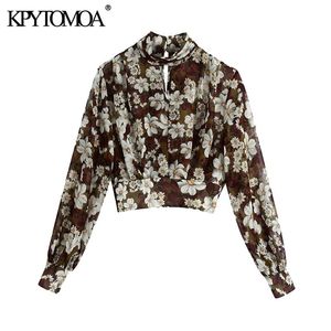 Women Fashion Floral Print Cropped Blouses High Neck Long Sleeve Back Elastic Hem Female Shirts Chic Tops 210420