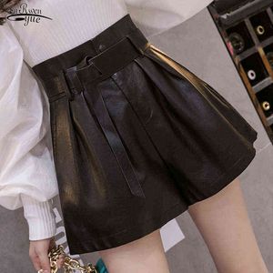 2021 Ny Höst Vinter Svart PU Faux Läder Kvinnor Shorts Sashes High Waist Wide Ben Shorts Elegant Kvinna Solid Byxor 12242 Y220311