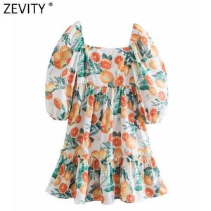 Zevity Women Tropical Floral Fruit Print Elastisk Mini Klänning Kvinna Chic Back Zipper Pleat Ruffles Beach Vestido DS5062 210603