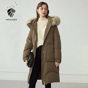 FANSILANEN Piumino lungo con pelliccia con cappuccio Cintura donna con piumino invernale Giacca casual oversize con piume leggere da donna sopra 210607