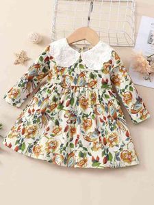 Baby Floral And Bird Print Eyelet Embroidery Dress SHE