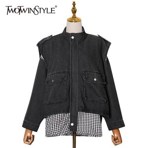 TWOTWINSTYLE Casual Patchwork Plaid Denim Jacket For Women Lapel Long Sleeve Loose Korean Jackets Female Fashion Clothing 210517