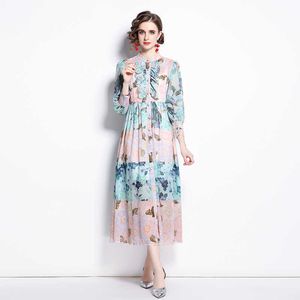 Frauen Sommer Designer Elegante Laterne Hülse Casual Party Robe Weibliche Urlaub Gedruckt Floral Chiffon Hemd Maxi Kleid Vestidos 210525