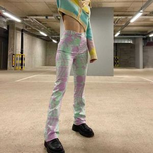 Y2Kグリーンワイドレッグパンツ女性カジュアルハイウエストファッションフローラル2021夏ビンテージプリントロングルーズズボンQ0801