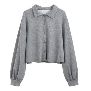 회색 여성 셔츠는 칼라 긴 소매 단단한 가을 세련된 달콤한 두꺼운 B0710 210514