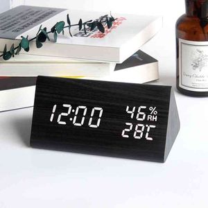 LED Trä alarmbord Voice Control Digital Temperature Luftfuktighet Display Wood Despertador Desktop Clocks USB / AAA