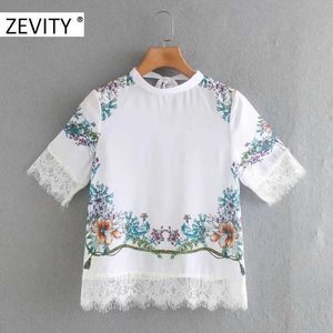 Zevity Women Fashion Lace Patchwork Flower Print Casual Smock Blouse Ladies Short Sleeve Back Bow Slips Chic Shirt Tops LS7136 210603