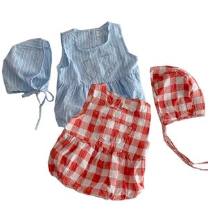 Korean Style Summer Lovely Back Belt Pants Triangle Romper Casual Plaid Creeper One-pieces Kids Jumpsuit Baby Clothing 210417