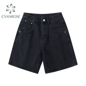 Verão Alto Cintura Denim Shorts Mulheres Casual Senhoras Senhoras Moda Plus Size Botão Largo Perna Calça Jeans Feminino 210515