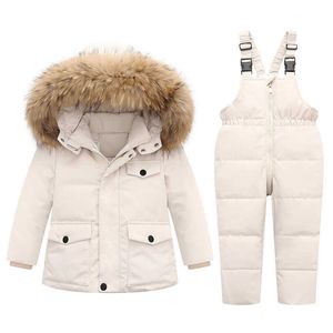 -30 Ryssland Vinterjacka för babyflickor Kläder Coats OuterWear Warm Duck Down Kids Boy Kläder Parka Real Fur Ski Snowsuit H0910