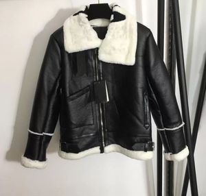 Leather And Faux Lamb Fur Collar Stitching Coat Down Jacket Plus Velvet To Keep Warm