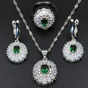 Green Vermelho Aaa Zirconis Casamento de pedra Jóias conjuntos para damas de honra 3 pcs Flor de onda Rhinestone Bridal Brincos e Anéis