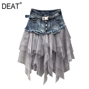 Mesh And Denim Patchwork High Waist Slim Versatile Knee Length Straight Skirt Women Spring Summer GX991 210421