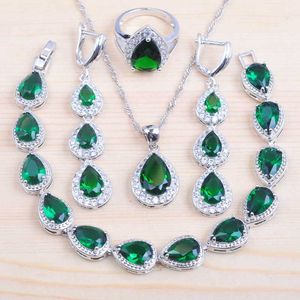 Goccia d'acqua Verde Cubic Zirconia Set di gioielli in argento colore per le donne Costume Orecchini pendenti/Collana/Braccialetto/Anello Miglior regalo QS181 H1022