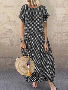 Kadın Casual Polka Dot Baskı Kısa Kollu Yuvarlak Boyun Maxi Ayak Bileği Uzunluk Elbise Kadın Vintage Elbiseler Artı Boyutu 5XL Y0823