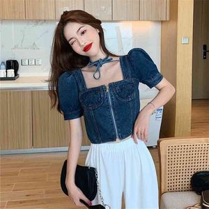 Kare Boyun Kabarcık Kollu Denim T-Shirt Kadınlar Yaz Seksi Kısa Kesme Göbek Kot Üst İnce Backless Kısa Gömlek Fermuar Tee 210601