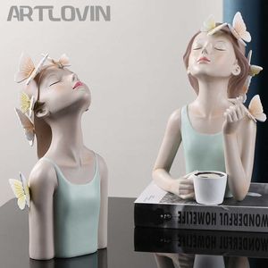 ARTLOVIN Butterfly Fairy Figures Girl Figurines Resin Tabletop Statues Creative Characters With Metal Gold Tray Home Decor Craft 210804