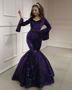 Splendidi abiti da sera convenzionali a sirena con paillettes viola con maniche lunghe Plus Size Sweep Train Vestidos De Novia Abiti da ballo per le donne