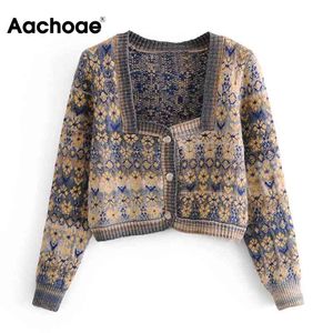 Autumn Spring Floral Knitted Tops Ladies Long Sleeve Elegant Short Women Fashion Cardigan Sweater Jumper 210413