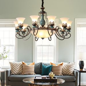 Chandeliers French Style Antique LED Ceramic Chandelier Lights Living Room Bedroom Lamp European Classical Design Glass Lamps