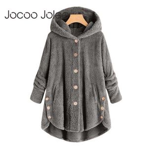 Thin Wool Blend Fashion Women Button Coat Fluffy Turn-down Collar Outwear Jacket Casual Tops Hooded Pullover Loose Sweater 210619