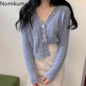 Nomikuma koreanska söta cardigan kvinnor v nacke långärmad stickad fast färg singel breasted söt topp avslappnad all-match ytterkläder 210514