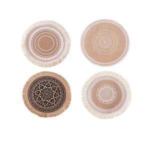 Round Ins Estilo Borlas Tapetes Tabetes Nordic Não-deslizamento Placemats Algodão Linho De Linho Isolamento De Calor Decoração De Café Café Mat Diâmetro 38cm