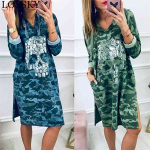 Autumn Winter Skull Camouflage Print Casual Loose Side Split Long Sleeve Hooded Camo Streetwear Hoodie Dress For Women Lady 210507