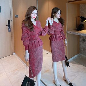 Women's autumn sexy v-neck shinny lurex patched knitted slim waist ruffles sweater and knee length pencil skirt twinset dress suit