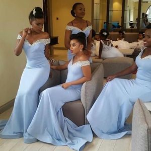 Lekkie Niebo Niebieskie Afryki Druhna Dresses Off Ramię Długa Mermaid Robe De Soiree Cekiny dekolt Kobiety Wedding Party Dress Suknie wieczorowe