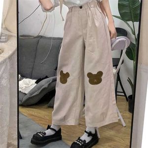 日本のカワイイの女性の柔らかい女の子のズボン韓国の十代の女の子の緩い薄い漫画の熊刺繍野生のカジュアル女性かわいい211115
