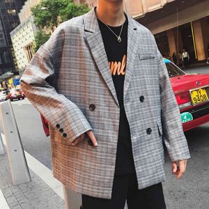 Autumn Men's Lattice Printing Suit Kläder Löst kappa överdimensionerad Streetwear Brand Bomber Jacket Gray Windbreaker M-XL 210524