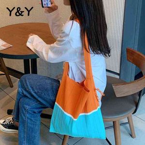 YY Women Shopping Bag Insプリーツデザイン折りたたみ式パネルウール編みの肩のハンドバッグオルガンバッグ女性婦人ショルダーバッグY220304