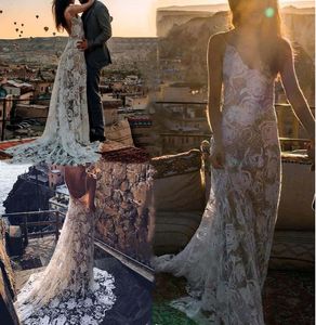 Full Lace Beach Wedding Dresses Bohemia Bridal Gowns 2021 Sexy Backless Spaghetti Straps Beige And Ivory Long Boho Bride Dress Custom Made