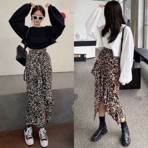 Skirts Korean Chic Vintage High Waist Irregular Leopard Print Skirt Women Casual Mid Length Faldas Mujer Moda Spring Summer 210610