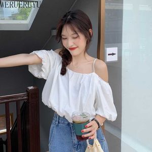 Werrueruyu Korean Redukcja wieży Koszulki Kobiety Solid Loose Square Collar Topy Rękaw Puff Sleeve Szyfonowa Bluzka 210608