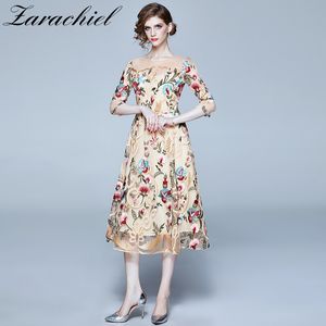 High Quality Luxury Flower Embroidery Women Slim Fit and Flare Overlay Mesh Female Sexy Party Midi Dress vestidos 210416