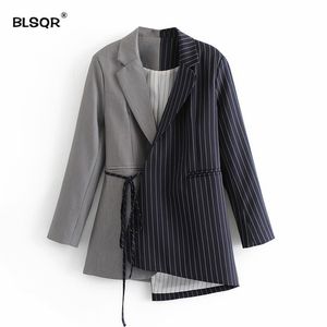 여성 세련된 스트라이프 스플케이션 블레이저 노치 칼라 슬림 레이싱 활 양복 재킷 코트 불규칙 비대칭 헴 겉옷 210430