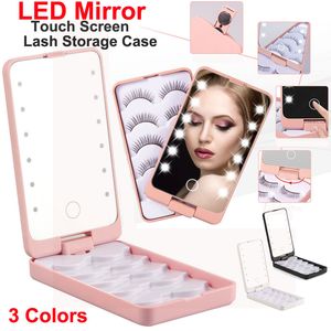 Makeup LED Mirror with Touch Screen Folding 12 Leds Light Mirrors Portable 5 Pairs False Eyelashes Case Organizer Eyelash Storage Box Cosmetic Make up tools