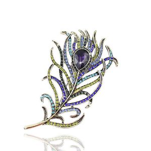 Pins, Brooches Arrival Large Women Vintage Bronze Feather Brooch Antique Crystal Gold Metal Rhinestone Accessory Jewelry, Item-Bh7943