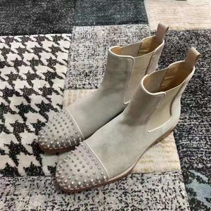 Luxury Ankle Boots Red Bottom Melon Spikes Flat Boot Classic Men Women Suede Calfskin Rubber Lug Sole Design Casual Booty Motorcycle Ankles Short Booties Box EU 35-47