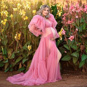 2022 Fashion Gravida Kvinnors Prom Klänningar V Nacke Maternity Långrockar för fotografering Ruffles Cap Sleeve Evening Gowns Vestidos