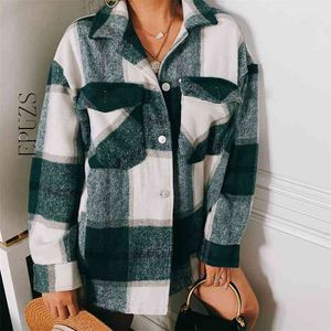 Spring Fashion Women Green Plaid Jacka och kappa Långärmad Office Coats Streetwear Oversized Bomber 210521