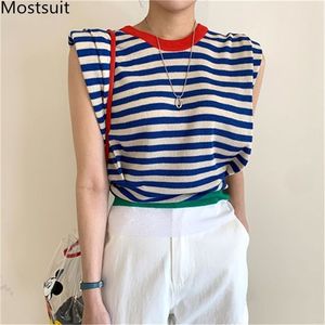 Summer Korean Striped Knitted Padded Shoulder Tshirts Tops Women O-neck Color-blocked Casual Fashion Tees T Shirts Femme 210513