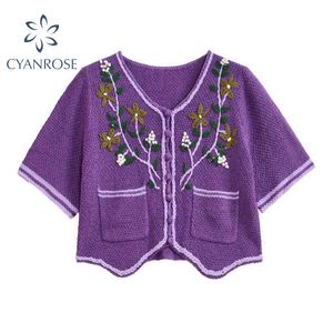 Women's Crop Cardigan Blouse Or Retro Floral Embroidery Knit Tops V Neck Casual Single Breasted Rok Romantic E-Girl Shirts Lady 210417