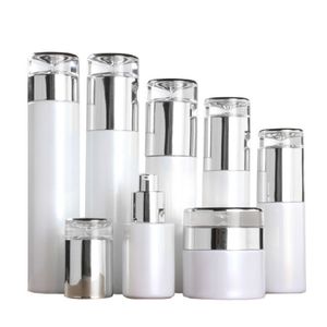Pearl White Glass Toner Perfume Refillable Bottle Acrylic Silver Cover 120ML 100ML 60ml 30ml 20ml Cosmetic Lotion Essential Oil Vials 30G 50G Eye Cream Jars